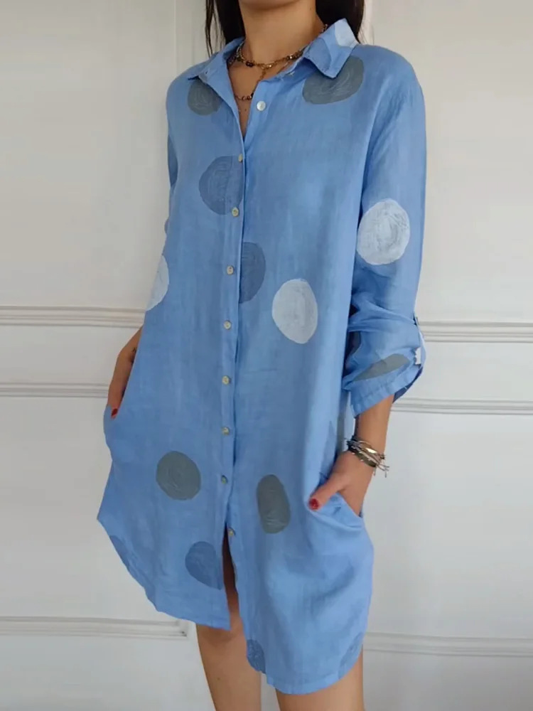 M45Versatile V-Neck Women's Button-Up Shirt Dress - Autumn Collection Printed Design