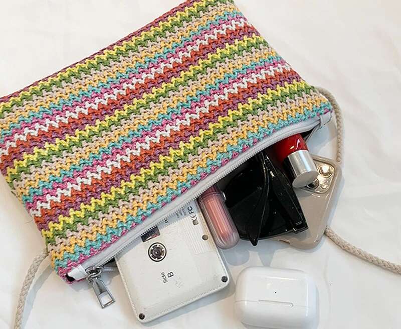 5Pcs Shoulder Bags Women Straw Colorful Square Large Capacity Beach Crossbody Bag Mix Color