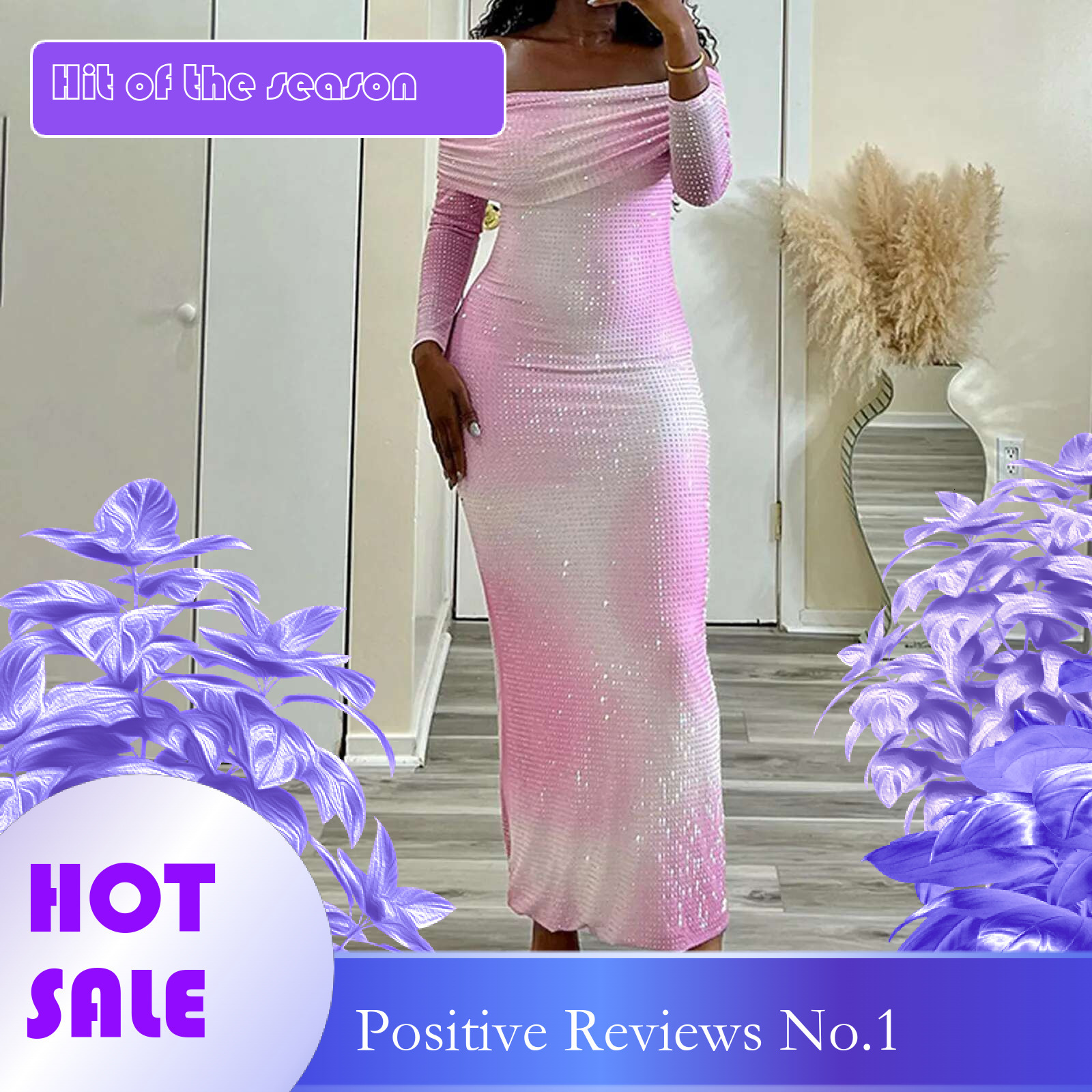 Dongdumaoyi Gradient Dresses Diamonds Slash Neck Women S Long Dress Sexy Night Party Sleeve Evening Bodycon Pencil