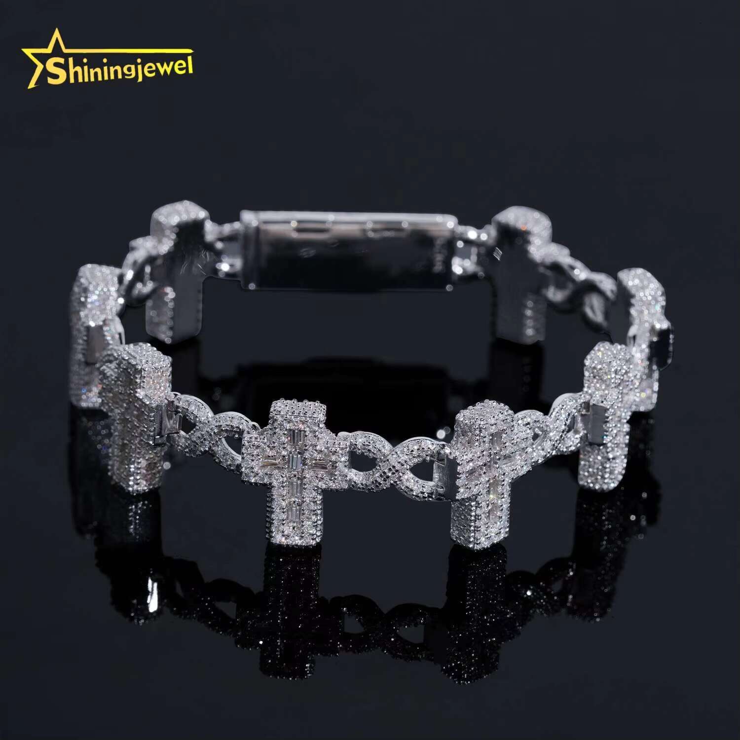 Luxury Bling Baguette Moissanite Cross Infinity Link Chain Sterling Silver 925 Iced Out Jewelry Moissanite Diamond Bracelet