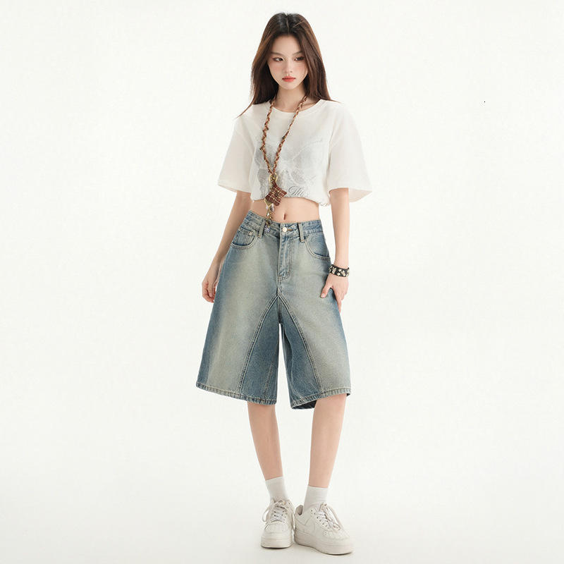 2025S Women s Designer Shorts American High Waisted Five Quarter Pants Summer New Straight Leg Loose Fit Wide Leg Mid Length Pants Hot Pants Beach Pan