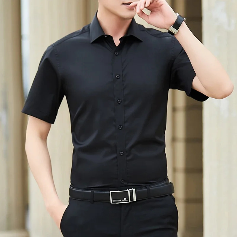 Summer Mens Slim Solid Color Short Sleeve Shirt Business Casual White Shirt Male Large Size 5XL Classic Style 250408