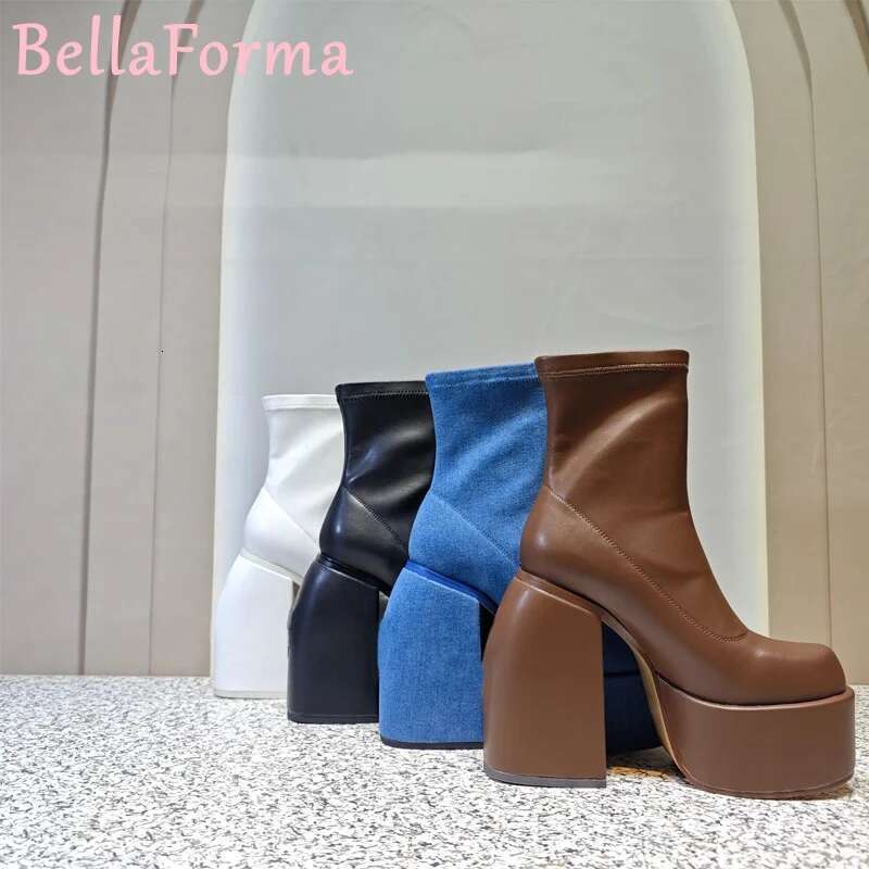Women's Patent Leather Ultra-High Platform Thick-Soled Short Simple Classic Trend Street Catwalk Square Head Stretch Boots