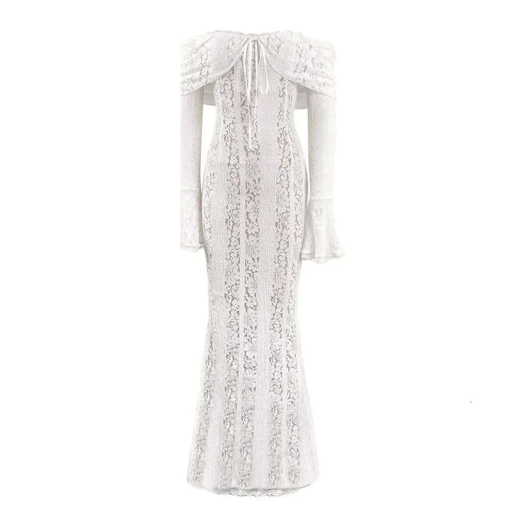 Suninhaart White Shoulder Bodycon Dress Flare Sleeves Elegant Lace Maxi Female Guest 250409