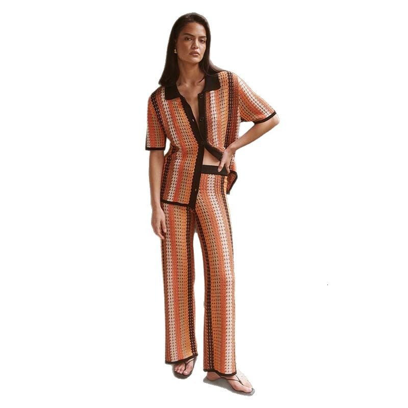 New casual suit womens knitted striped long pants short sleeved hooded dress