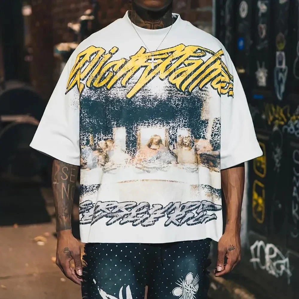 Large letter pattern graphic T-shirt Y2K mens loose short sleeved Harajuku Gothic casual T-shirt 250408