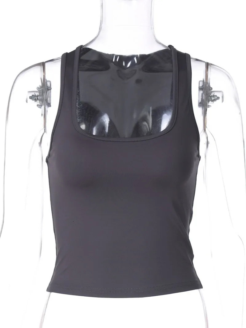 Womens Fashion Solid Tank Top Sleeveless Tshirt Square Collar Tight corset Y2K Grey 250409