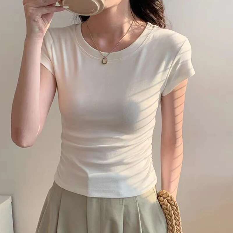 Summer 100% Cotton O Neck Sexy T Shirt Women Fashion Solid Color White Short Sleeve Tops Casual Skinny Slim Pullover Street Y2k