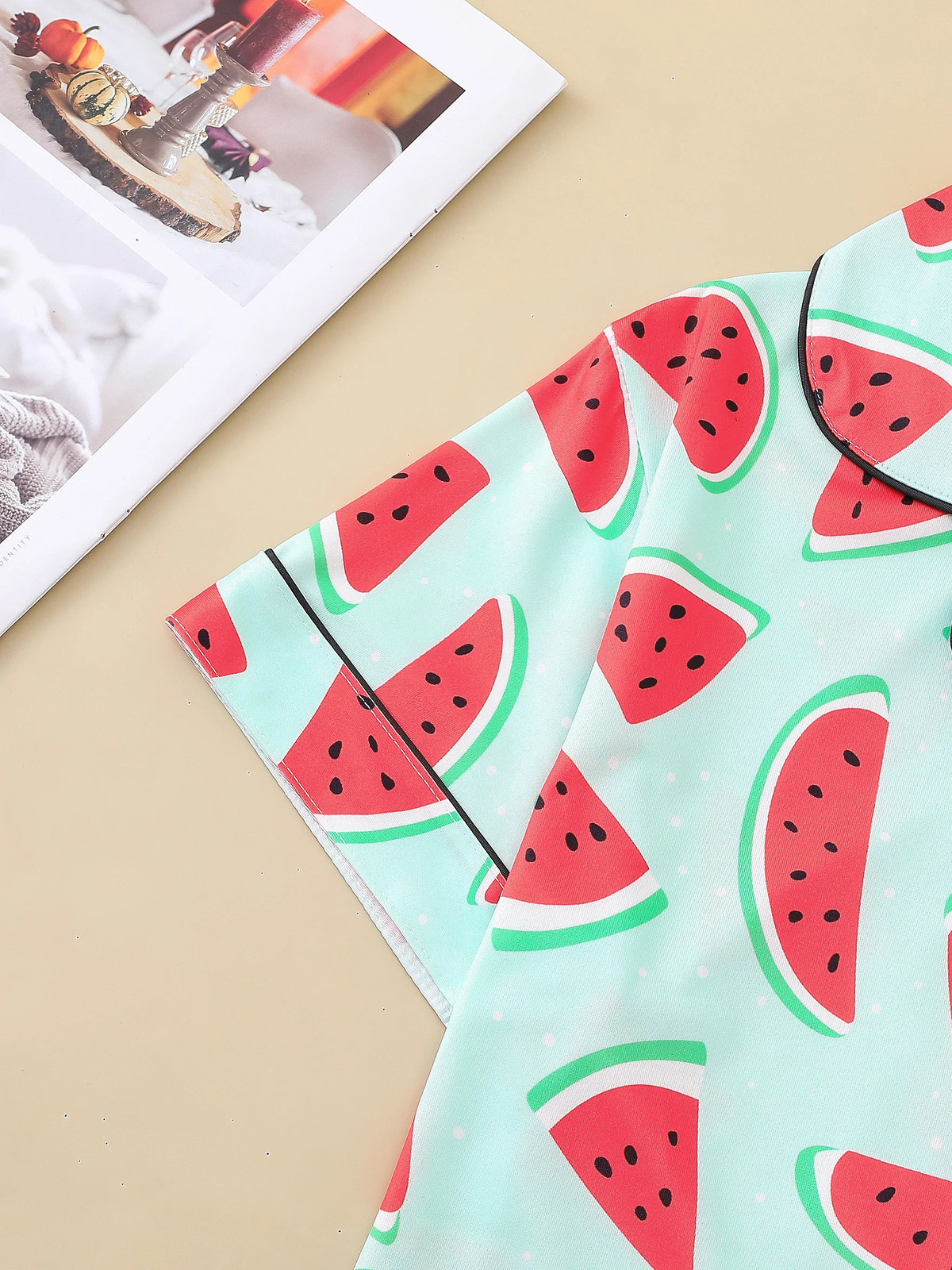Two piece womens pajama lapel top and trousers watermelon summer casual pajamas 250409