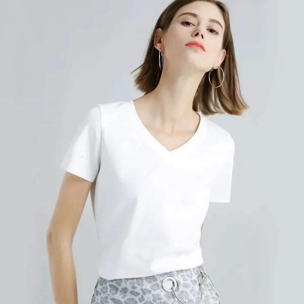 2024 Spring Summer Women Cotton T-shirt Black V-Neck Short Sleeve Female Tee Slim White T-Shirt Casual Solid Lady Tshirt Tops