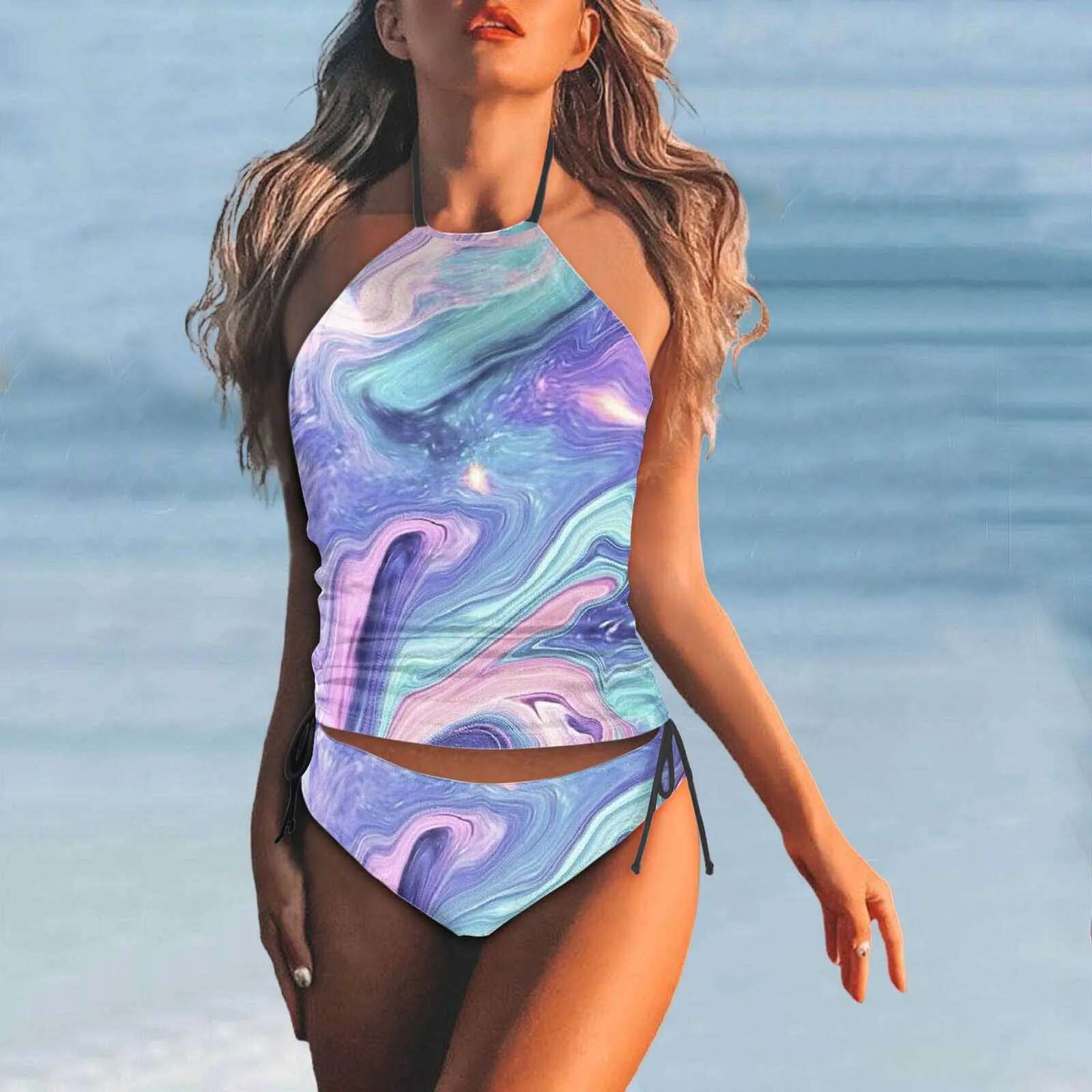 Dongdumaoyi Swimwear Design Piece For Women Neck Tank Tops And Shorts Outfit Backless Print Bathing Athletic Swimsuit