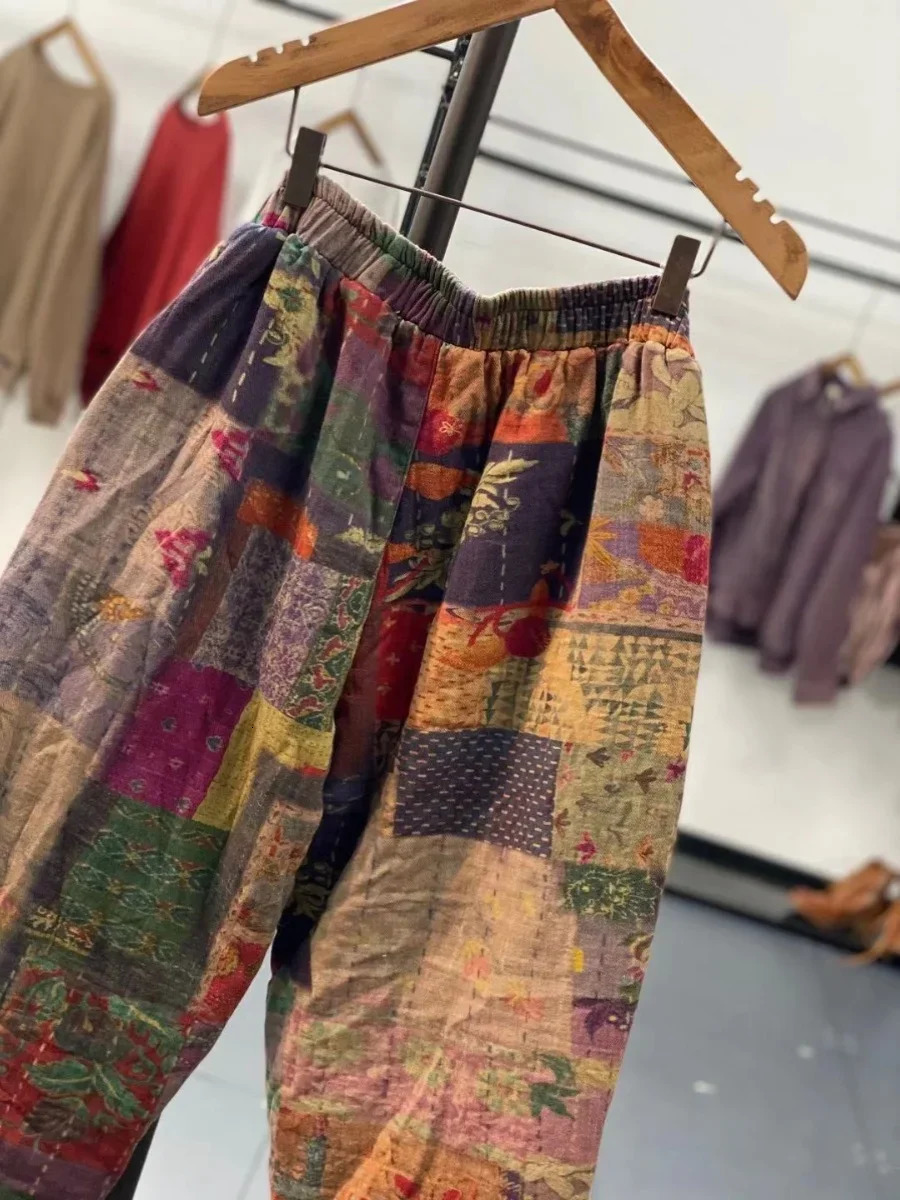 Ethnic Style Fashion Patchwork Print Cotton Padded Warm Women Harem Pants Vintage Elastic Waist Multi Pockets All-Match Trousers 250408