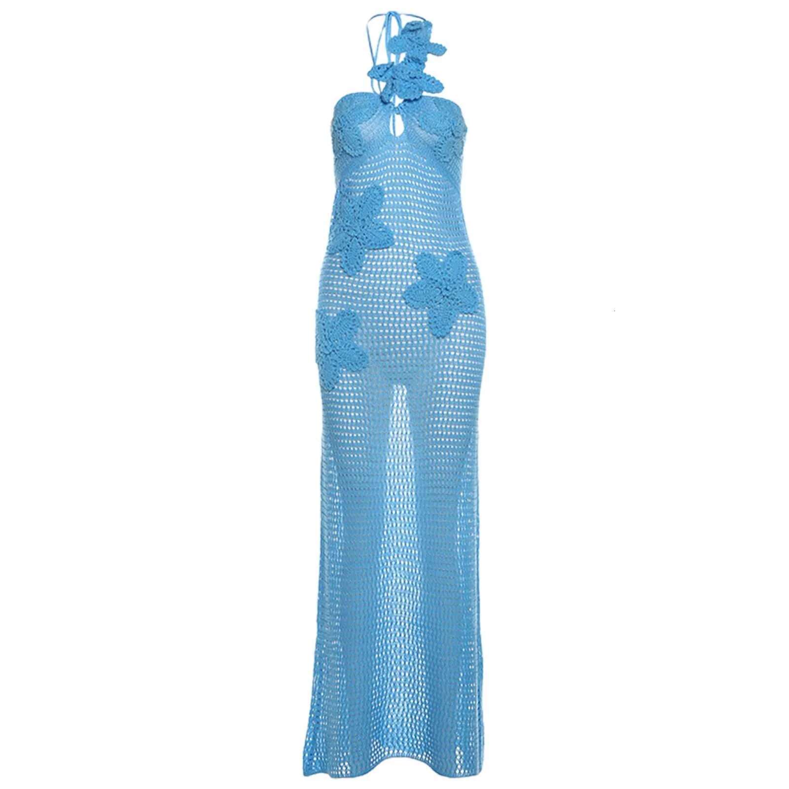 Dongdumaoyi New Knit Dress Sexy See Through Halter Women Maxi Blue Backless D Flowers Female Summer Holiday Elegant Beachwear