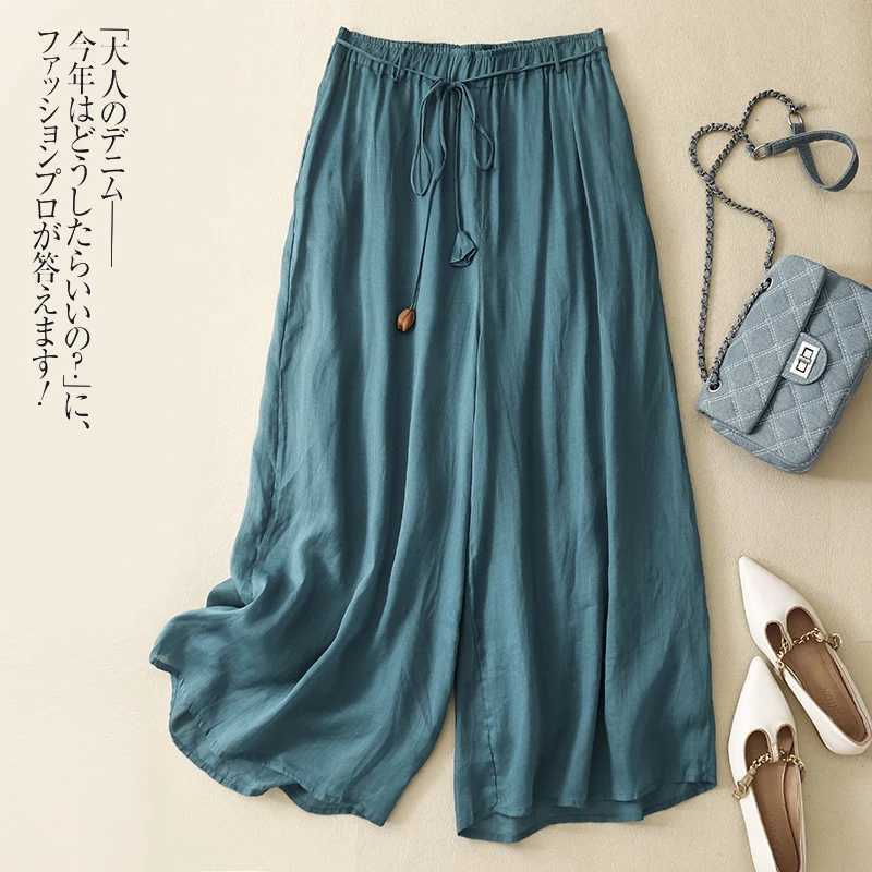 Linen double-layer high waist wide leg pants for womens summer new loose Ele lace top casual ankle pantsXJ250403
