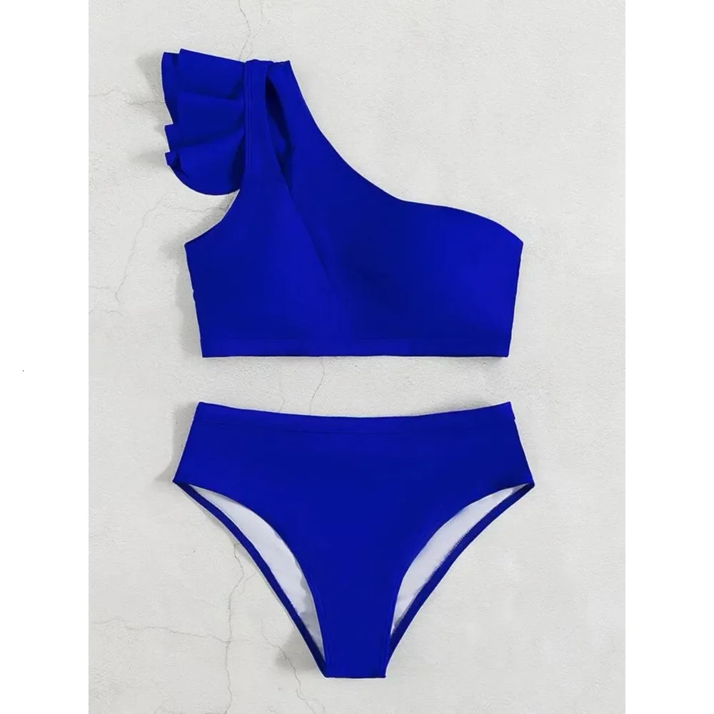 Single shoulder bikini womens pleated swimsuit solid high waist apron 250409