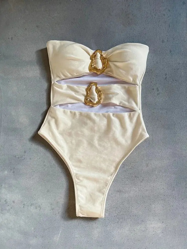 3color sexy metal ring cut womens onepiece swimsuit Bandeau long leg bathtub B026D 250409