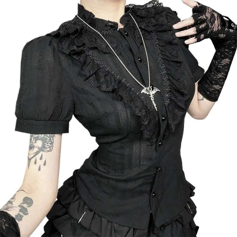 Sweet Lolita Cotton Shirts Women Vintage Gothic Black White Jacquard Short Sleeve Blouses Elegant Office Lady Y2k Tops