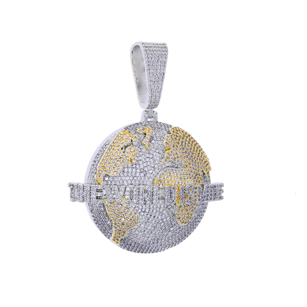 Iced Out Bling Letters The World Is Mine Pendant Necklace Two Tone Color Zircon Map Charm Mens Hip Hop Jewelry 251107