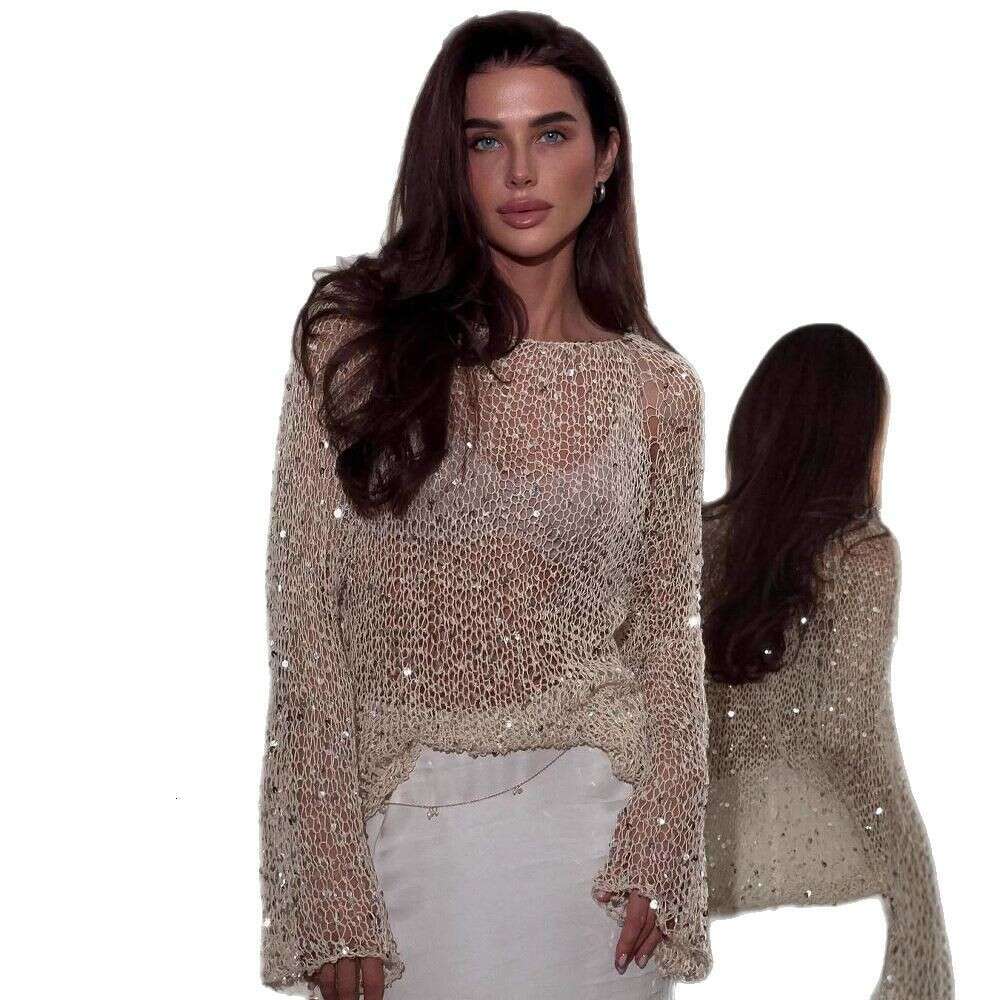 Fashion Women's Sequin Pullover Round Neck Long Sleeve Top Versatile Casual Hollow Knitted Sweater spring coat women
