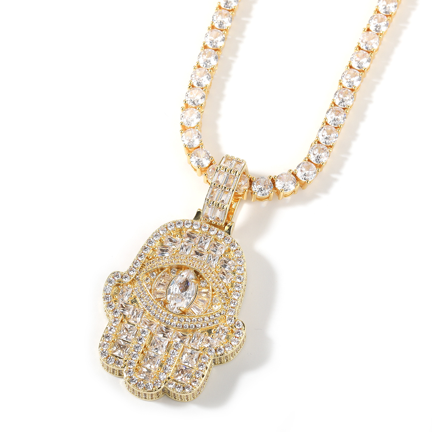 Hip Hop Eye Hand Pendant Necklace 5A Zircon 18k Gold Plated Men Women Jewelry