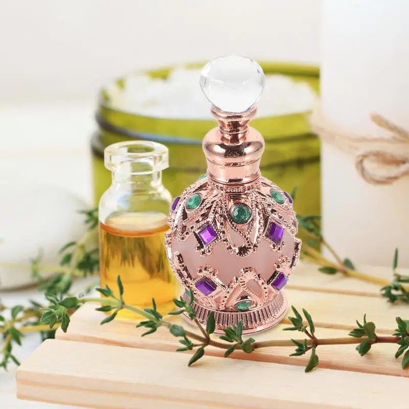 Empty Jeweled Essential Oil Bottle for Travel Vintage Bottle Mini Dropper Bottle Metal 15ml Perfume Bottle Arab Style Women Gift