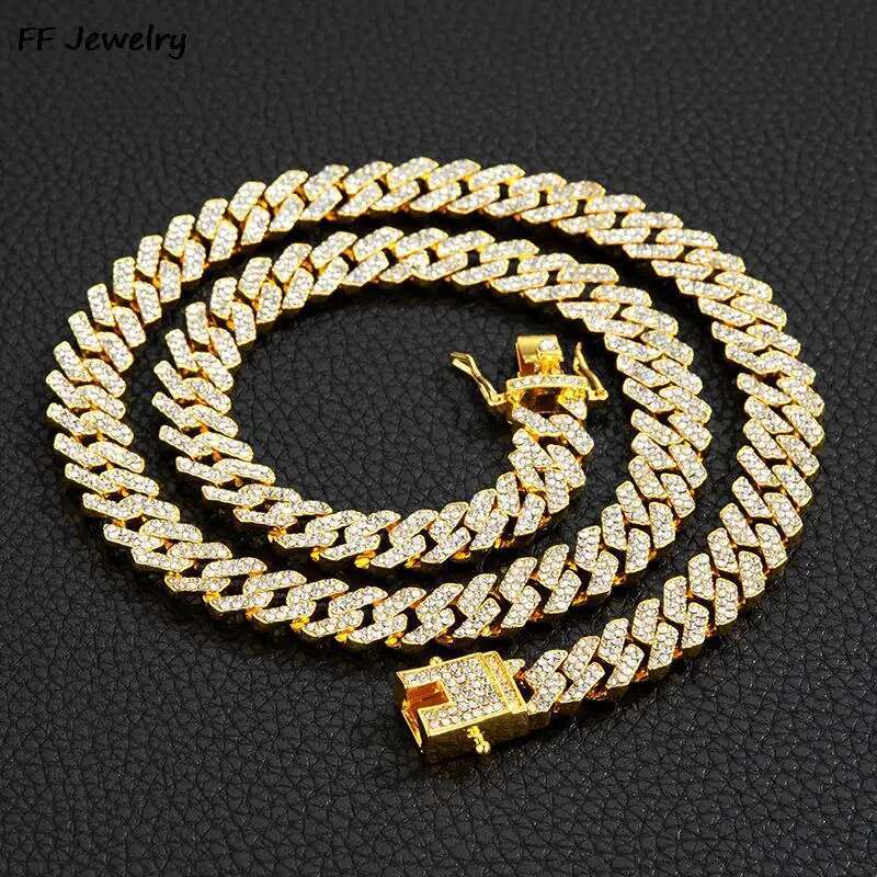 Men Women Hip hop Iced Out Bling Prong Cuban Chain Necklace 12mm Paved Rhinestone Link Chain Choker Necklace Fashion Jewelry