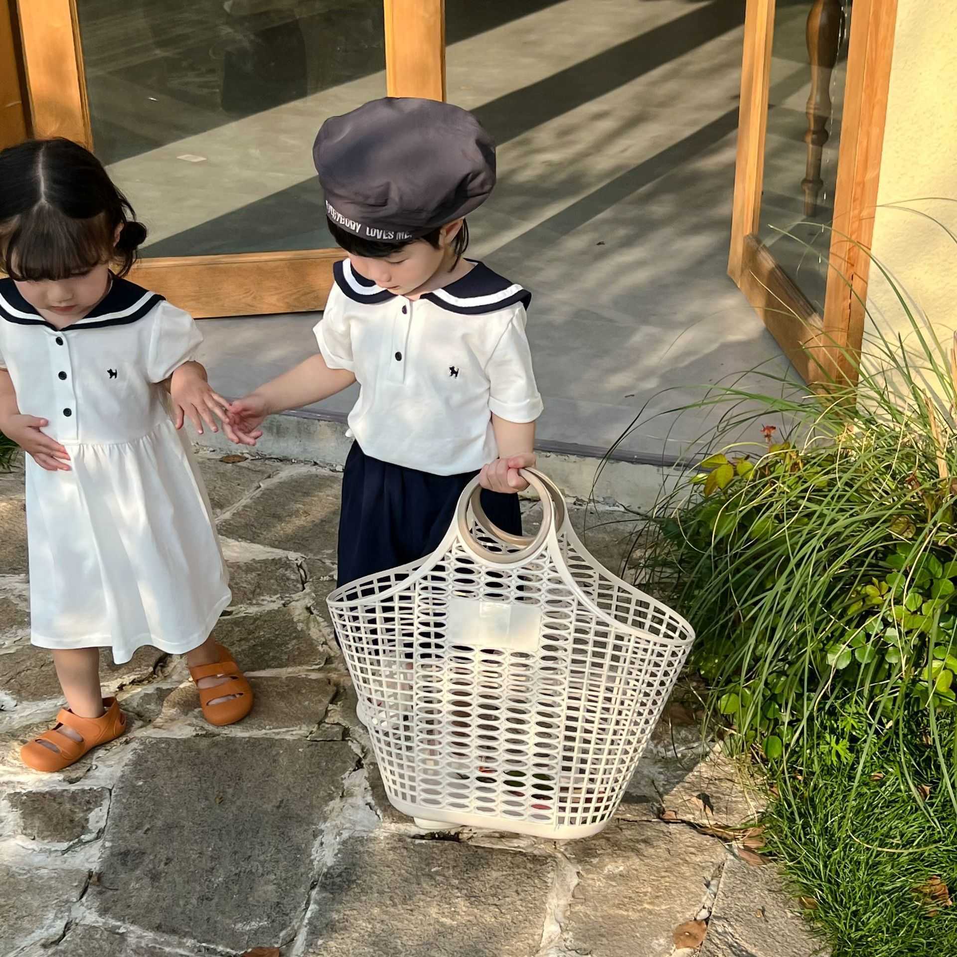 Brother and sister outfit summer new style boys navy collar short sleeved shorts set girls college style dress childrens set S2548