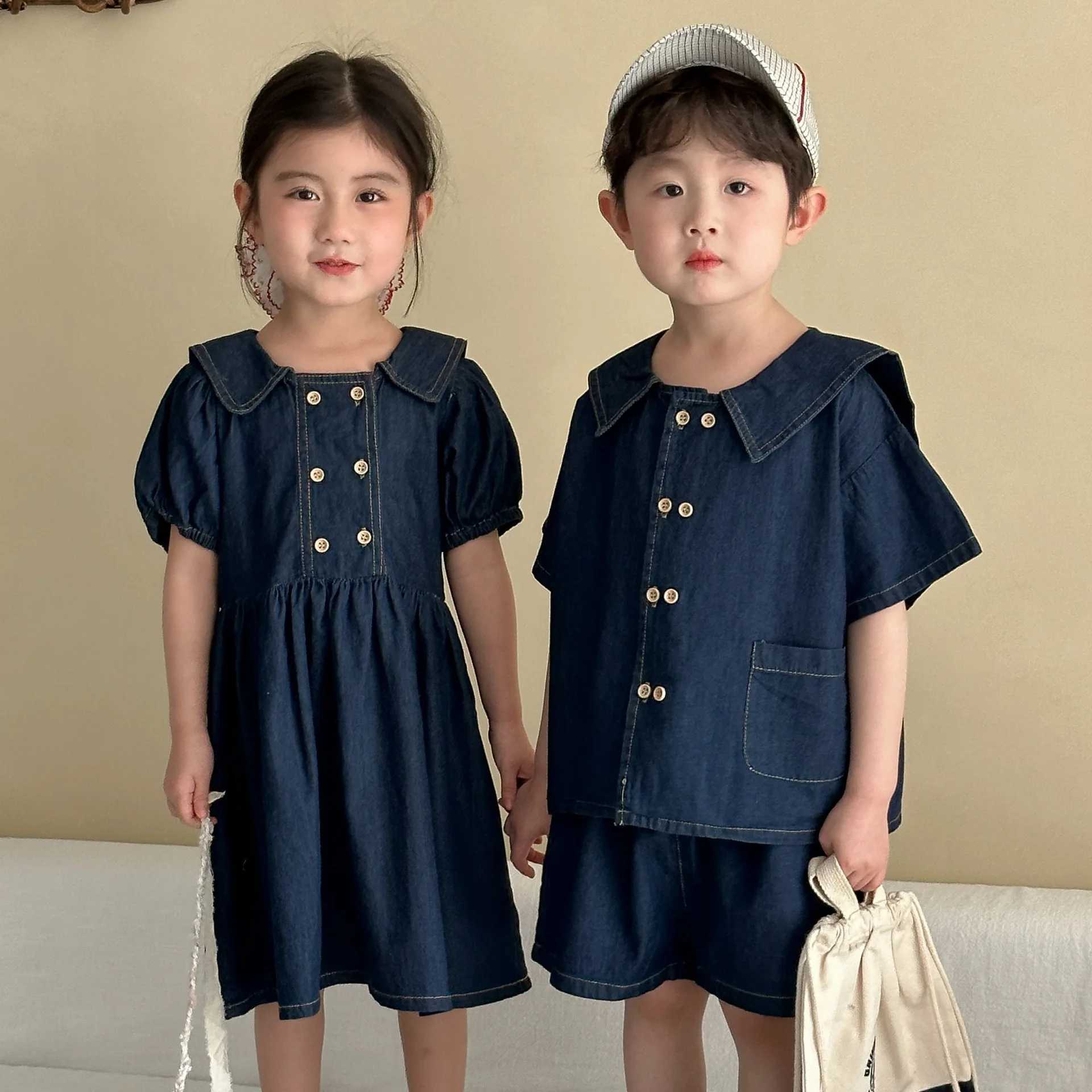 5934 Brothers and sisters Clothing Childrens Denim Summer Set 2025 New Short Sleeve Boys Denim Set or Girls Dress S2548