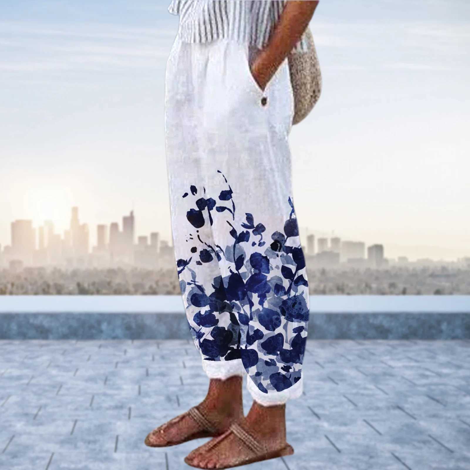White cotton linen womens pants 2023 fashion loose womens pants casual elastic waist wide pantsXJ250403