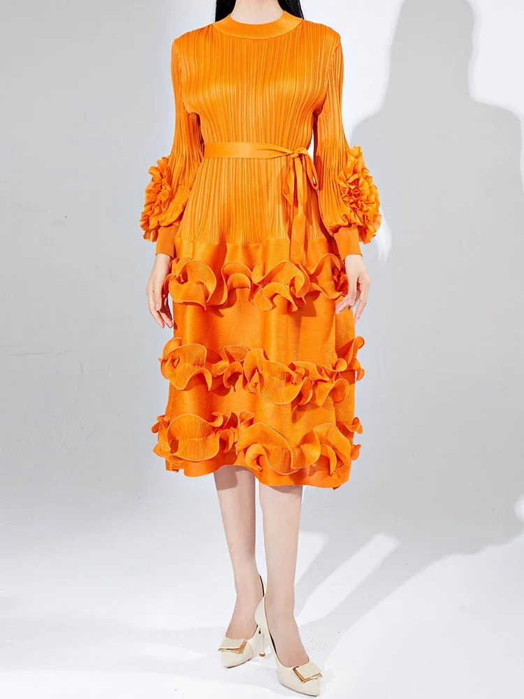 Belt pleated Miyake dress with fashionable round neck and floral sleeves fungal splicing solid elegant womens clothing item 5GR2974 250409