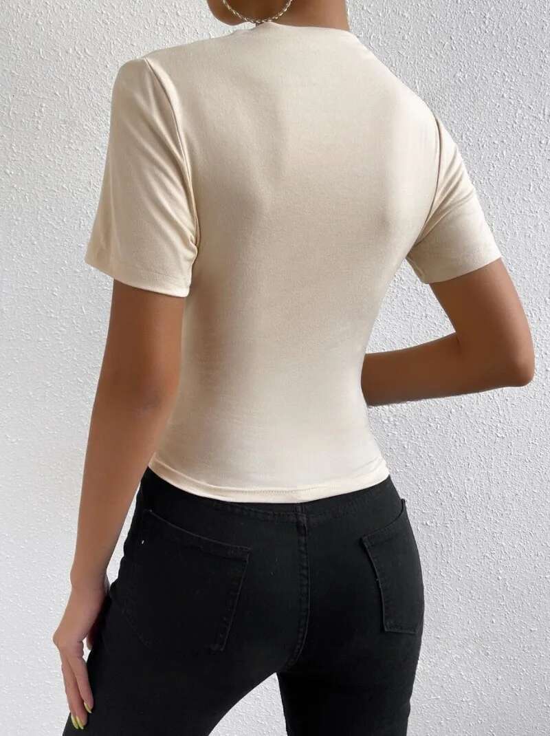 Solid High Neck Slim Fit T-shirt, Elegant Short Sleeve Ruched Top For Spring & Summer, Women's Clothing