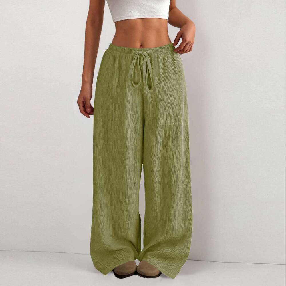 Amazon Cross-Border European And American New Style Women's Solid Color Loose Bark Wrinkle Draped Waist Drawstring Wide-Leg Casual Long Pants aef