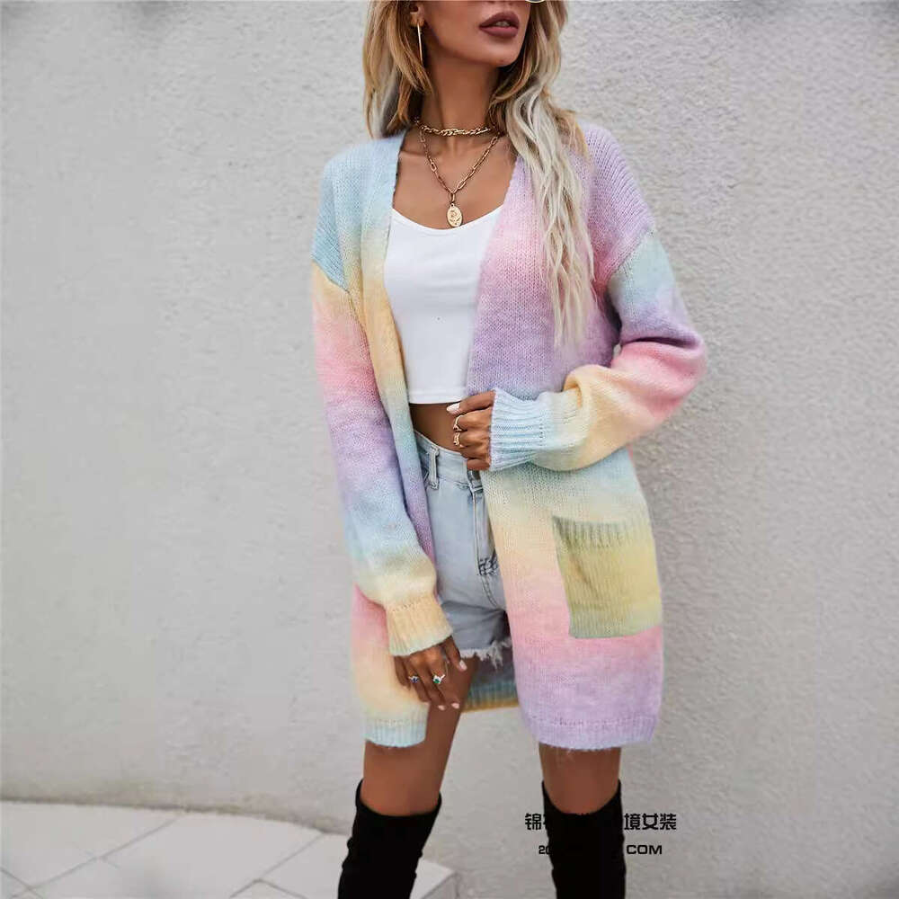 2025 Rainbow Tie-Dye Mid-Length Loose Cardigan women's knitwear Knitted Sweater Coat