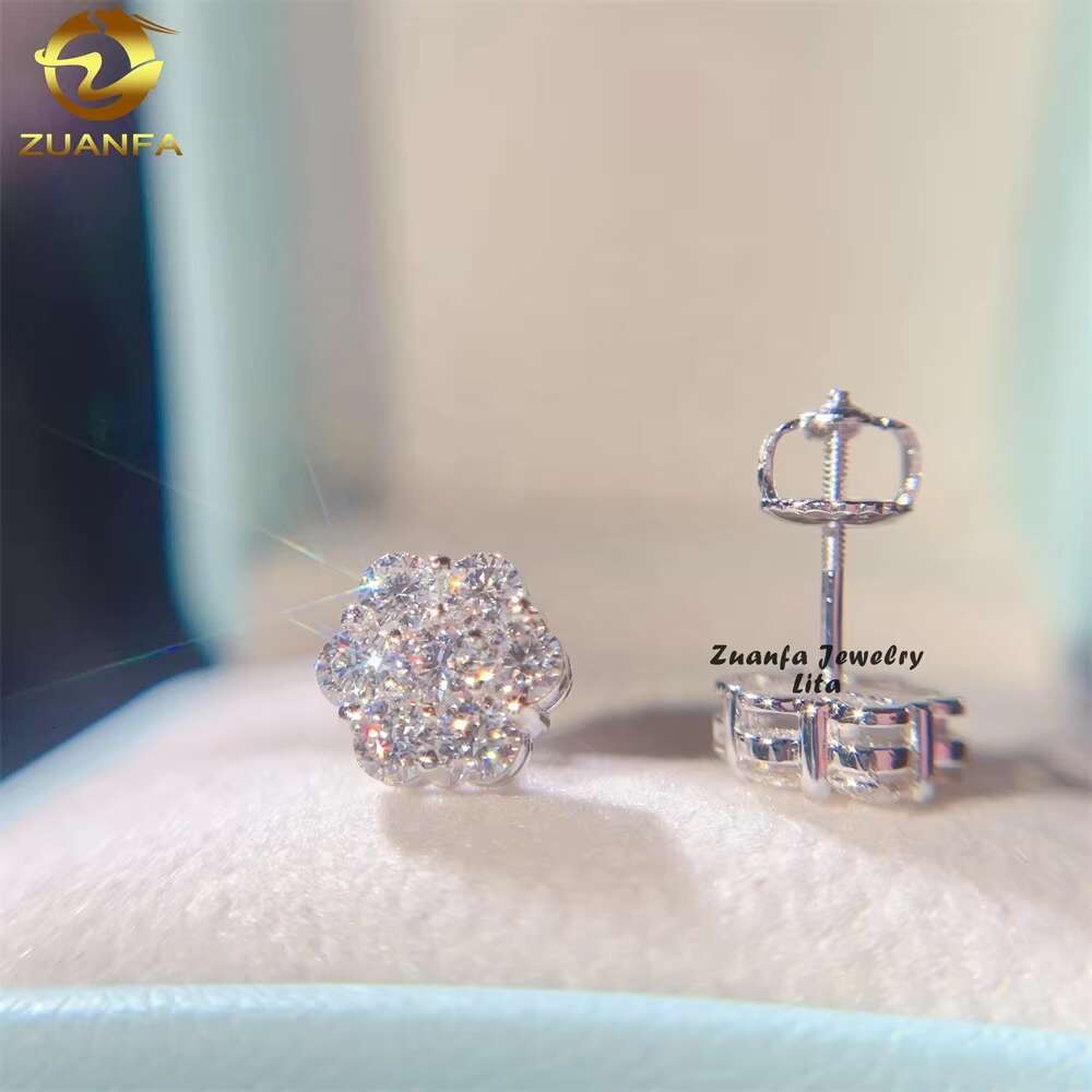 Pass Diamond Tester Screw Back Fashion 925 Sterling Silver Flower Moissanite Earrings