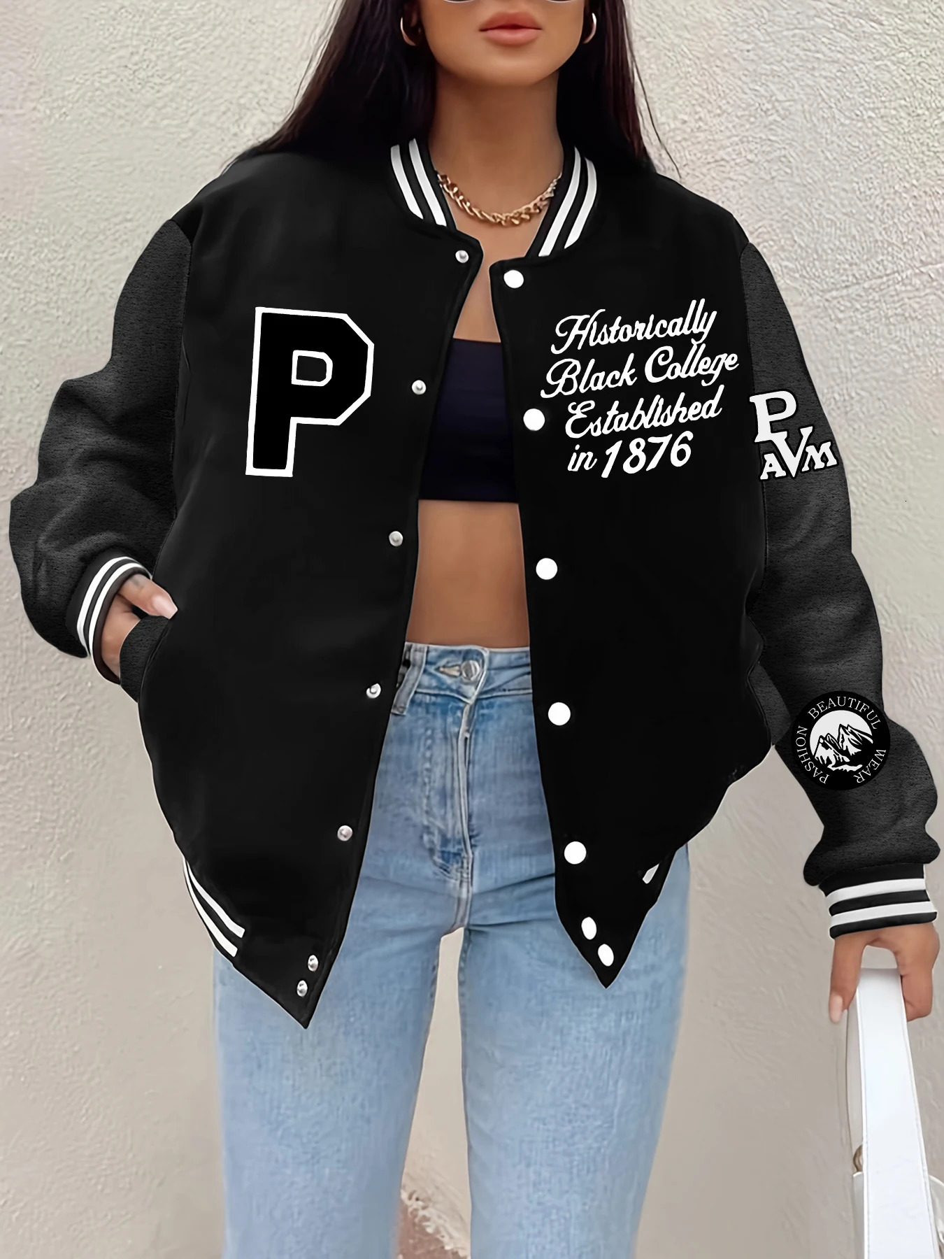 Black college letter printed jacket womens winter wool baseball uniform hiphop street casual warm and soft clothing 250409