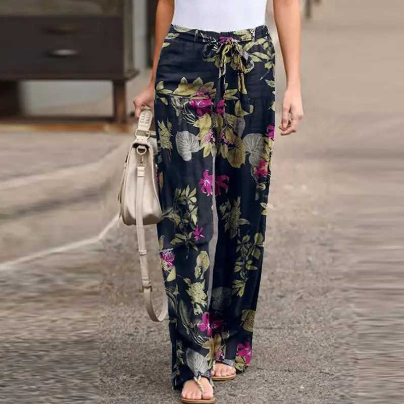 Casual printed cotton linen straight leg pants for women fashionable lace elastic waist home Trouser Fe Plus size pantsXJ250403