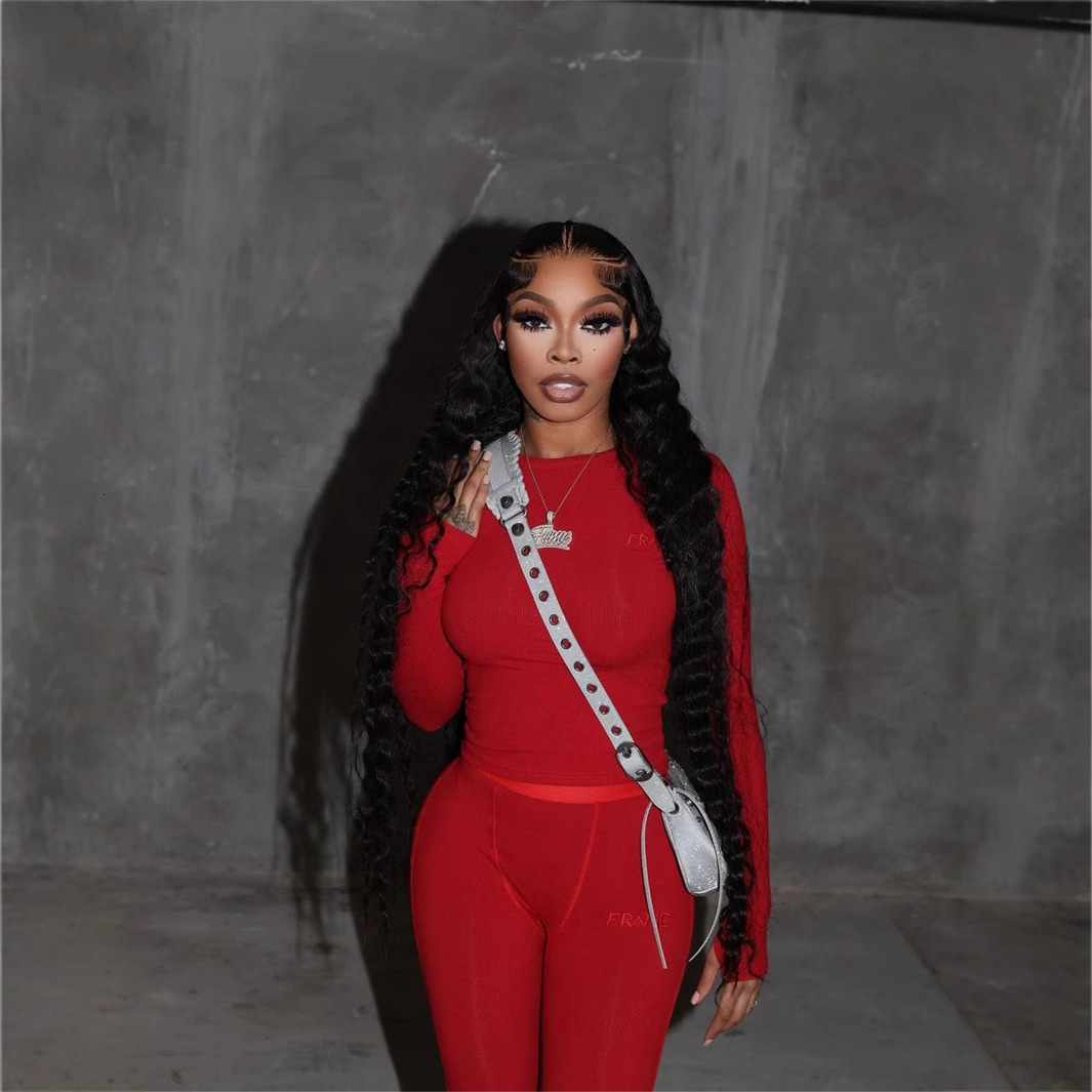 2025S Designer Women S Set New Solid Color Elastic Basic Fashion Sports Trend Sleeved Round Neck Top Long Pants Set