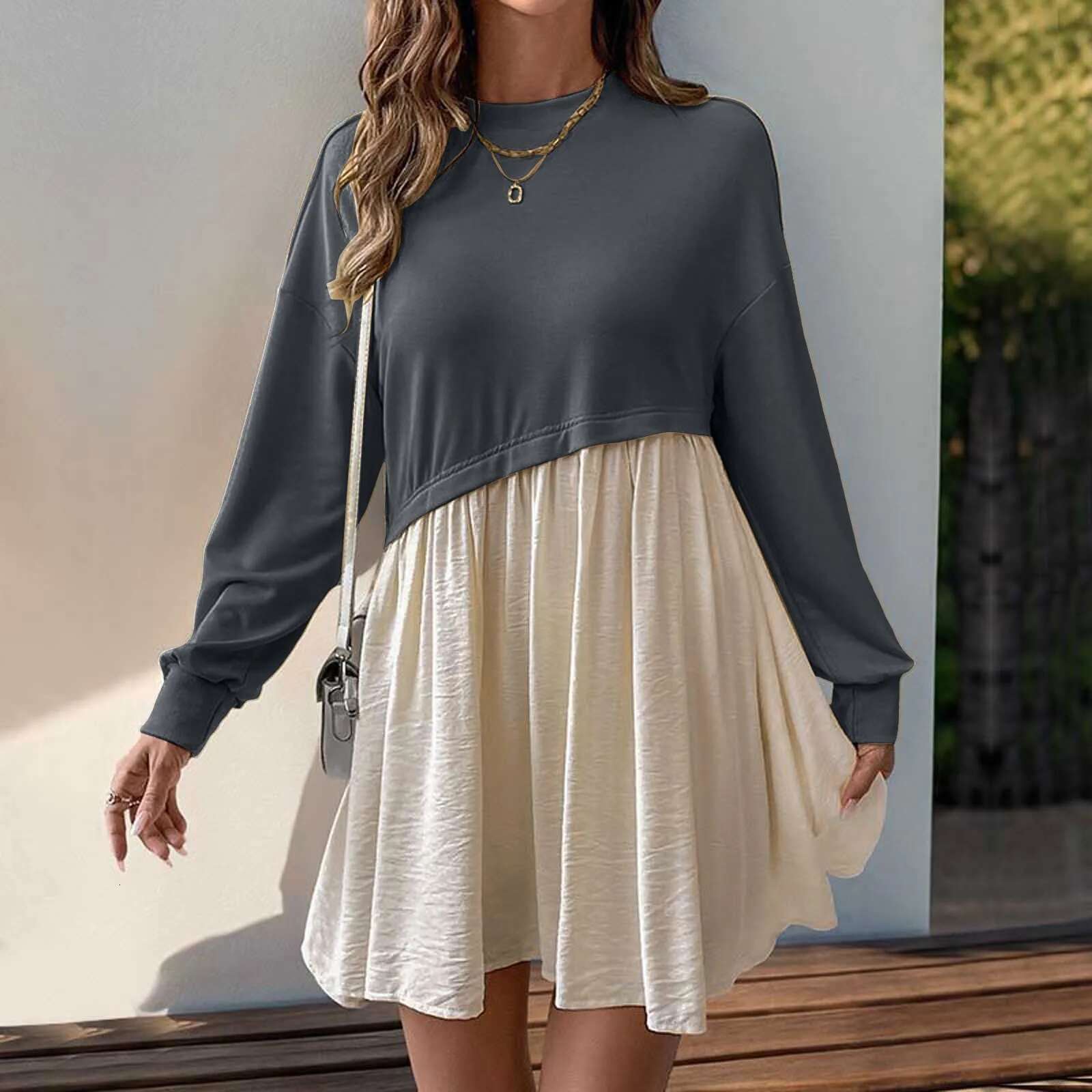 Dongdumaoyi Contrast Patchwork Casual Dress Women Spring New Loose Mini Dresses Elegant Round Neck Long Sleeve A Line