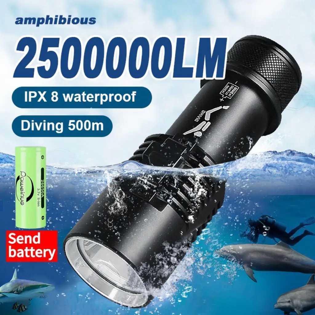 Diving flashlight charging strong light XHP70 focal long flash plastic waterproof underground lighting Y250409