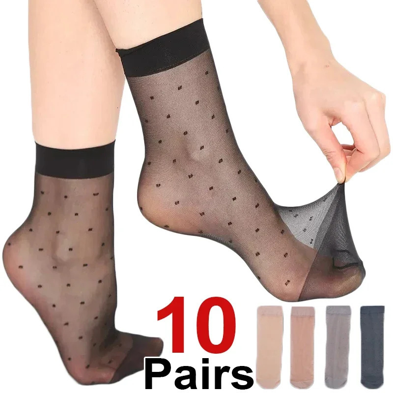 Black Dot Transparent Socks Ultra-thin Elastic Women Crystal Silk Socks Nylon Fashion Ladies Summer Short Ankle Socks 250409
