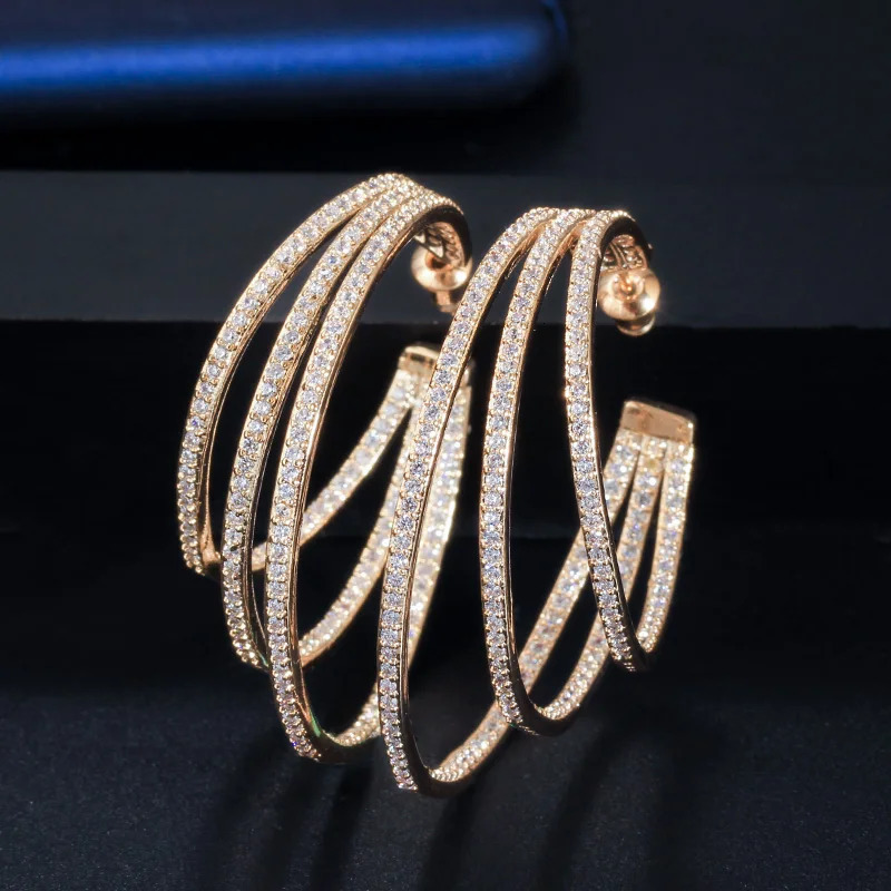 CWWZircons 3 Circle Bling Cubic Zirconia Pave Yellow Gold Color Big Round Geometric Triple Hoop Earrings for Women CZ581 250403