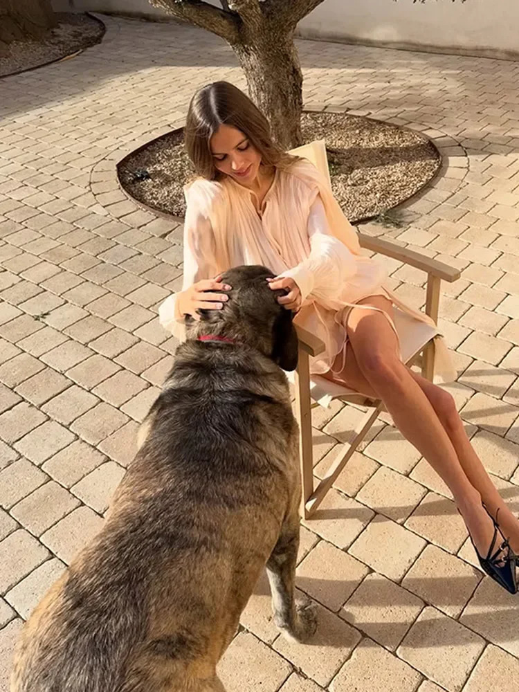 Elegant Ruffles Shiny Mini Dresses Fashion Solid Long Sleeve Lace Up V Neck Pleated Dress Summer Party Womens Vestidos 2025 250409