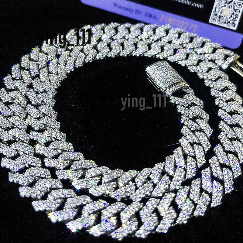 Popular 10mm Moissanite Diamond Prong Cuban Link Chain VVS Pass Diamond Tester 925 Sterling Silver Gold Cuban Link Chain