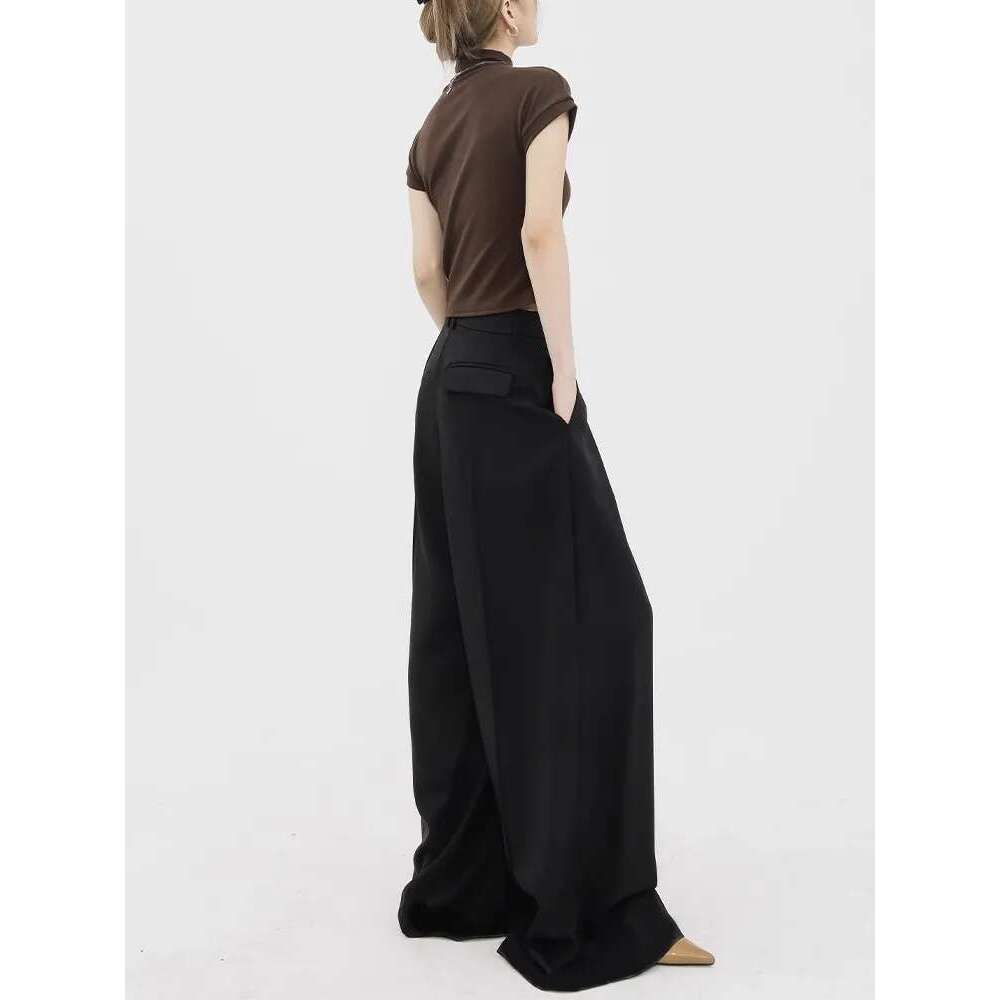 Women's Black Suit High Waisted, Draped Or Mop, Casual Wide Leg Pants, Spring And Autumn Design
