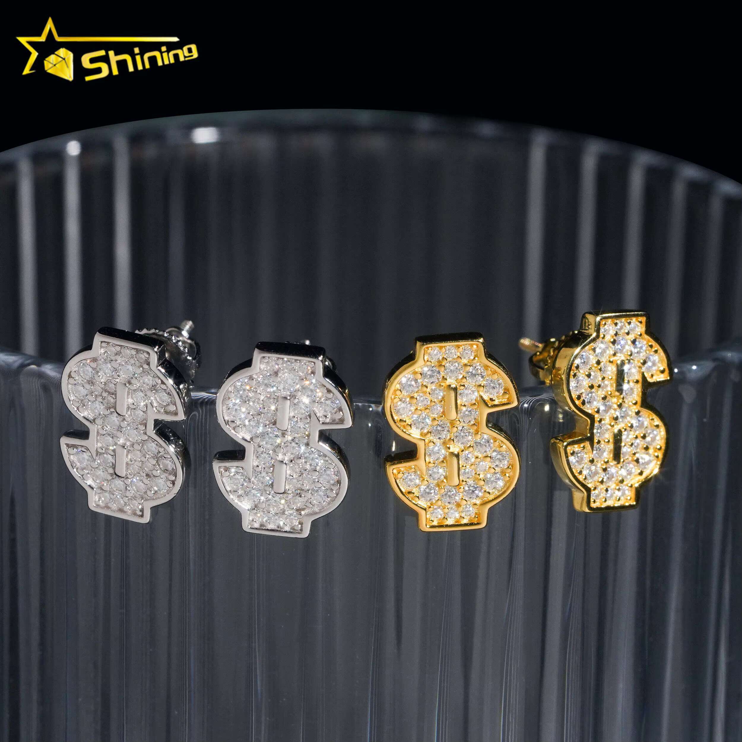 Diamond Tester Certified RTS Hip Hop Jewelry 925 Silver Gold Plated VVS Diamond Moissanite Stud Earrings Dollar Sign