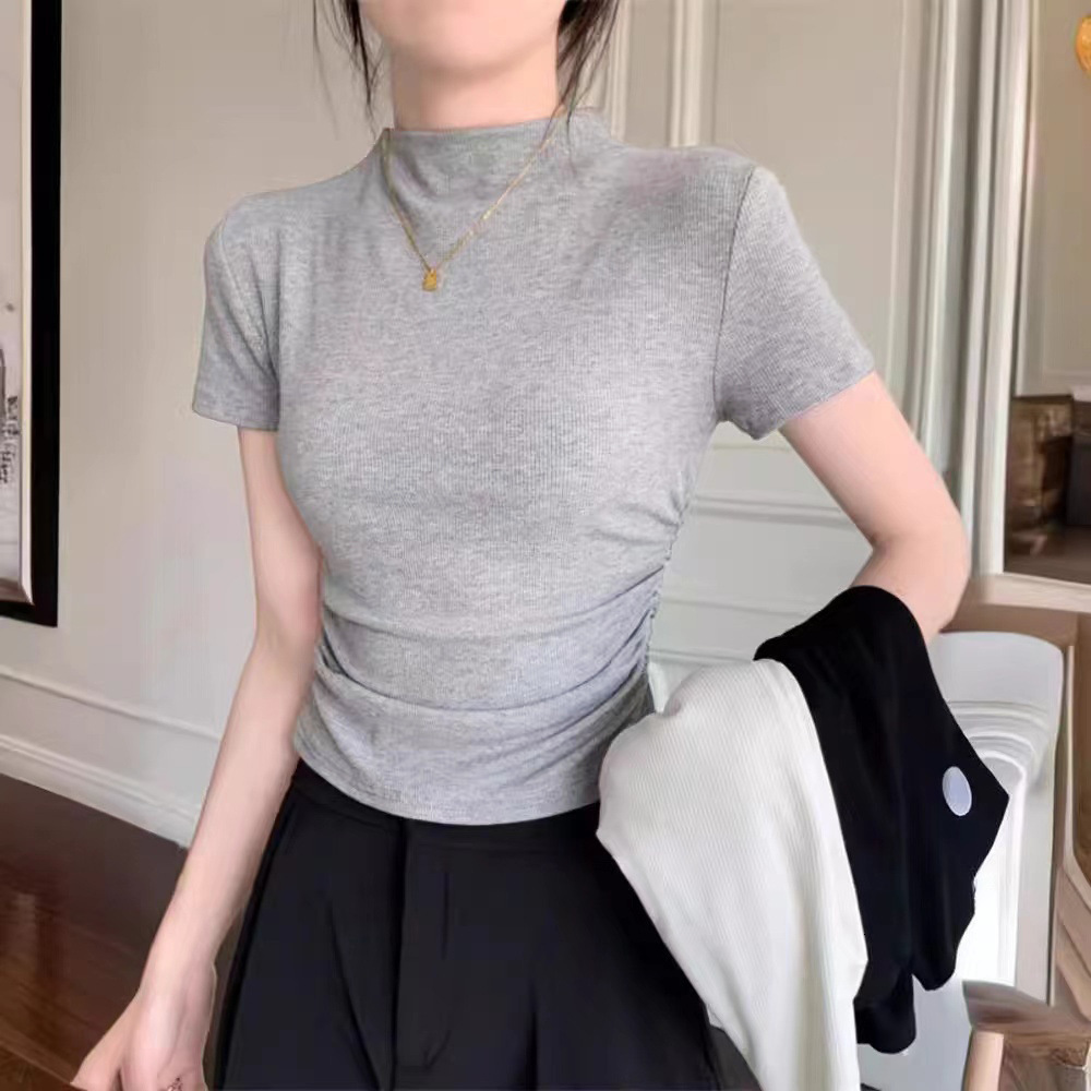2025S Designer Women S T Shirt Half High Neck Sleeved T Shirt For Women S Summer New Base Shirt With Slim Fitting Short Student Pleated Top Underneath