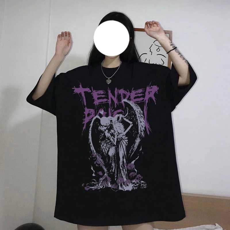 Womens T-shirt Hip Hop Street Clothing Top Gothic Devil Angel Retro Printed T-shirt Womens Summer Punk Oversized T-shirt Casual T-shirtXJ250409