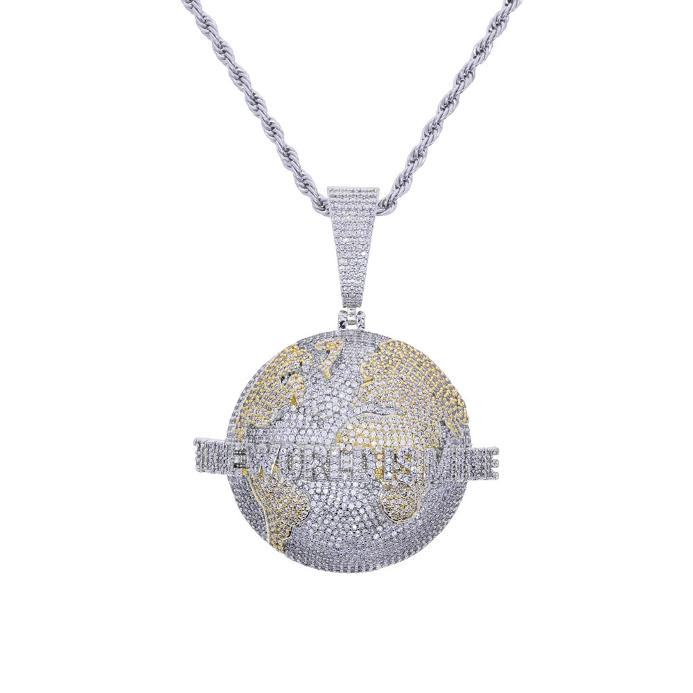 Iced Out Bling Letters The World Is Mine Pendant Necklace Two Tone Color Zircon Map Charm Mens Hip Hop Jewelry 251107