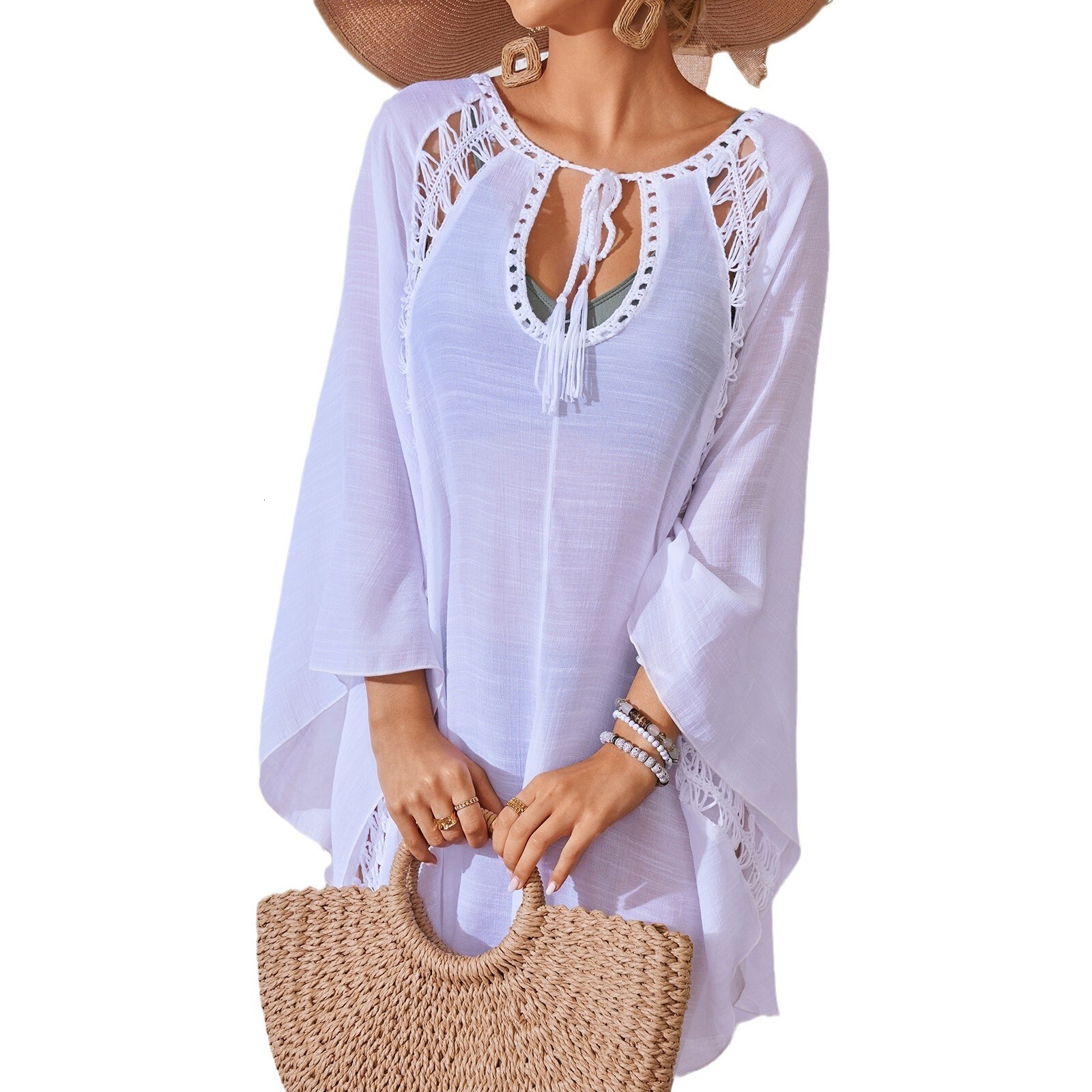 New products for 2025!! Beach skirt womens collar floral pullover bikini swimsuit cover up solid color loose dress