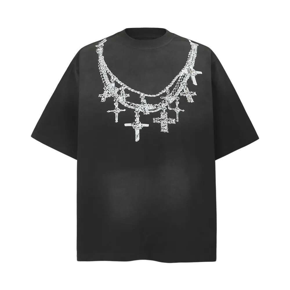 Necklace Print Short Sleeve T-Shirt Mens Summer High Street Loose Crew Neck Half-Sleeve Cotton Tee Men Tops